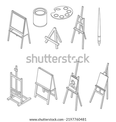 Easel icons set. Isometric set of easel vector icons outline thin lne isolated on white