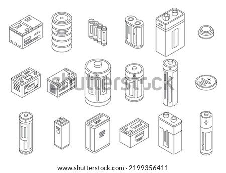 Battery icons set. Isometric set of battery vector icons outline thin lne isolated on white