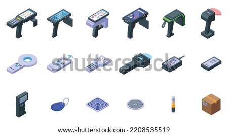 Rfid icons set isometric vector. Retail store. Check access