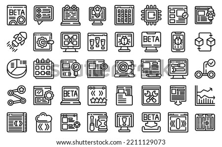 Beta version icons set outline vector. Build bug. Code app