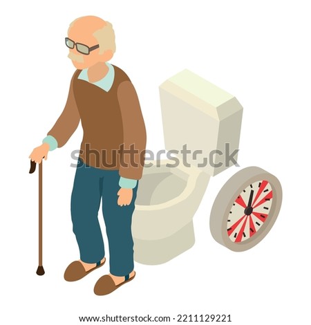 Senile illness icon isometric vector. Elderly man standing near toilet bowl icon. Disease of digestive tract or urinary system