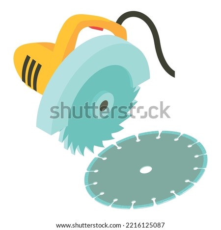Electric saw icon isometric vector. Yellow electric saw and diamond cutting disc. Power tool, construction and repair work