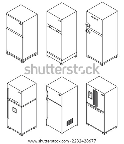 Fridge icons set. Isometric set of fridge vector icons outline vector on white background