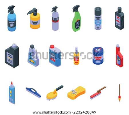 Cosmetics for the car icons set isometric vector. Cleaning car. Auto motor