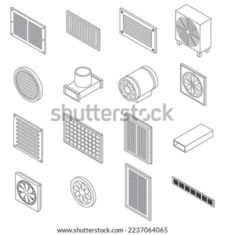 Ventilation icons set. Isometric set of ventilation vector icons outline on white thin line collection