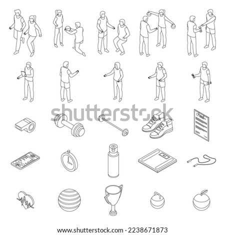 Personal trainer icons set. Isometric set of personal trainer vector icons outline on white thin line collection