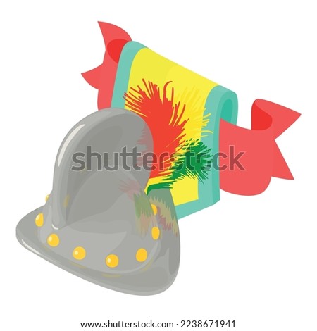 Conquistador helmet icon isometric vector. Morion helmet with feather and shield. History concept, chivalry