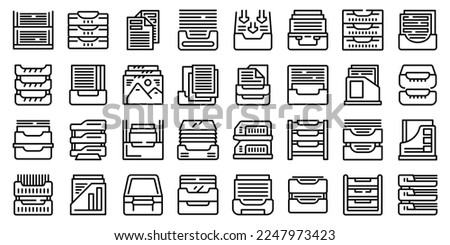 Paper tray icons set outline vector. Office rack. Storage equipment