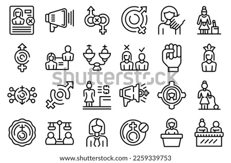 Gender discrimination icons set outline vector. Work violence. Abuse balance