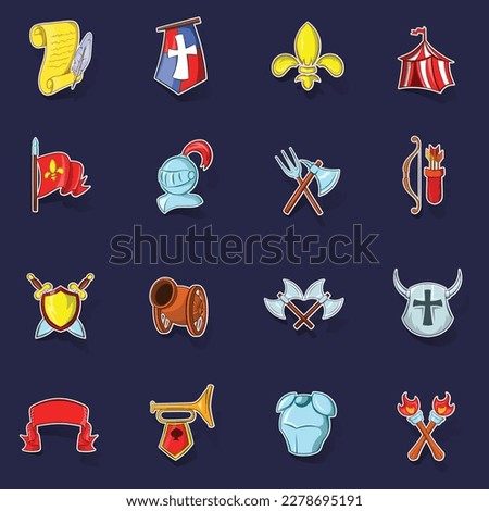 The middle ages icons set stikers collection vector with shadow on purple background