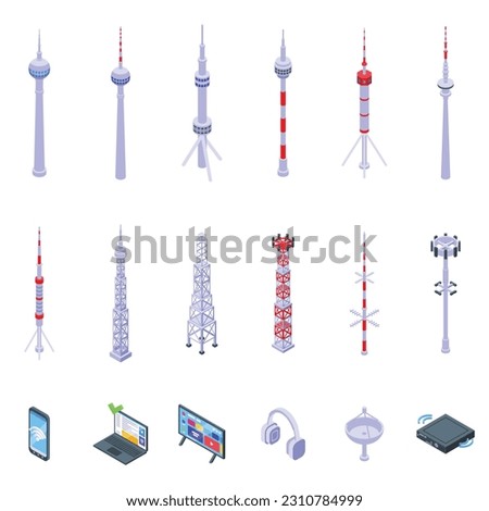 TV tower icons set isometric vector. Tower travel. City sky