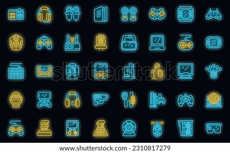 Game accessories icons set outline vector. Videogame controller. Gamer computer neon color on black