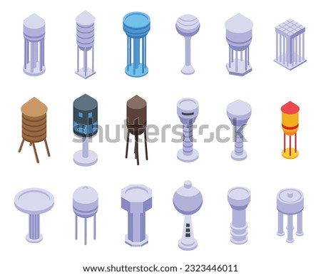 Water tower icons set isometric vector. Industrial tank. Tower plant