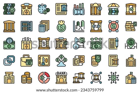 Central bank icons set outline vector. Business house. Building bank thin line color flat on white 