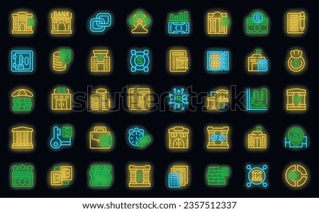 Central bank icons set outline vector. Business house. Building bank neon color on black