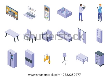 Virtual interior design services icons set isometric vector. House man room. Mobile sofa