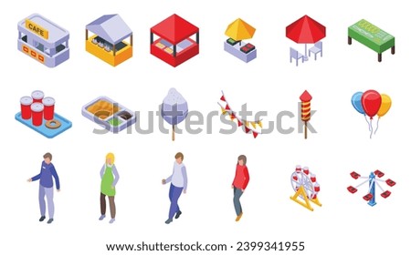 Night fair icons set isometric vector. Outdoor market stall. Counter people