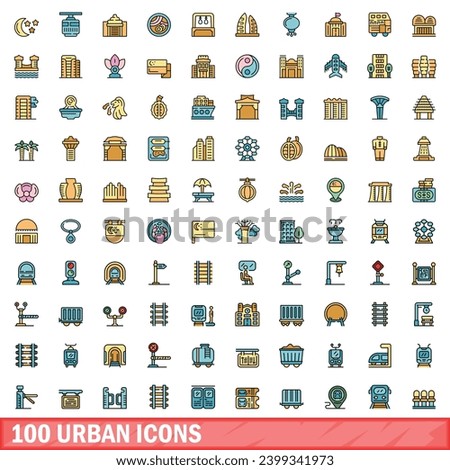 100 urban icons set. Color line set of urban vector icons thin line color flat on white