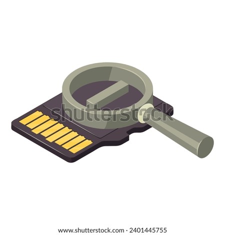 Memorycard icon isometric vector. Modern black memory card and magnifying glass. Storage device, modern technology