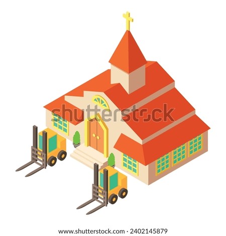 Construction site icon isometric vector. Two forklift near church building icon. Building and reconstruction concept