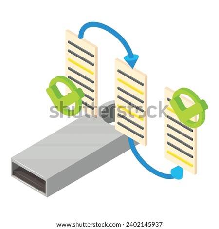 Ordered record icon isometric vector. Web page, transition arrow, green checkmark. Blockchain technology, cryptocurrency concept