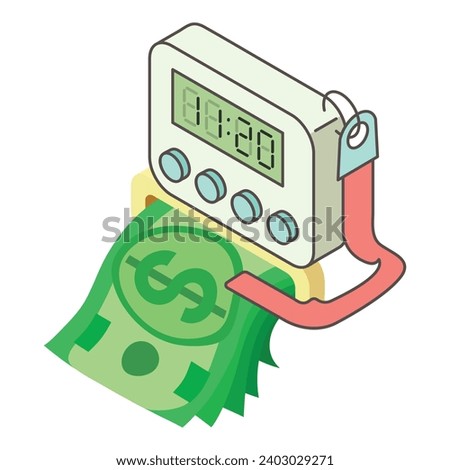 Tax time icon isometric vector. Modern electronic clock and dollar banknote icon. Taxation concept, finance