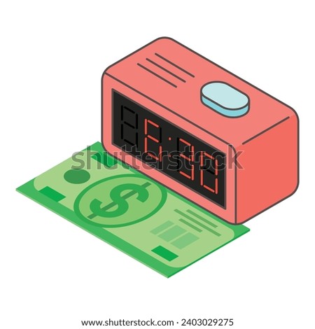 Money time icon isometric vector. Modern electronic clock and dollar bill icon. Time, finance, money, income