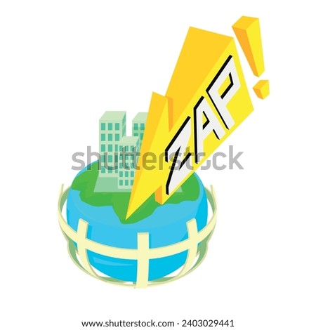 Zap icon isometric vector. Planet grid with building and zap speech bubble icon. Comic speech bubble