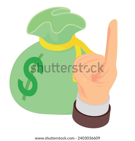 Financial literacy icon isometric vector. Hand with index finger up and moneybag. Economy, finance, education