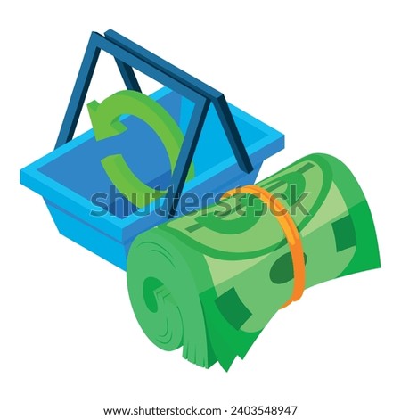 Shopping concept icon isometric vector. Rolled dollar bill and shopping basket. Purchase, finance, money