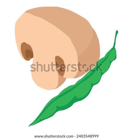 Wholesome food icon isometric vector. Fresh champignon half near green pea pod. Raw food, healthy nutrition