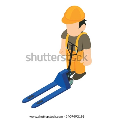 Warehouse work icon isometric vector. Male warehouse worker near hand forklift. Storage concept, equipment