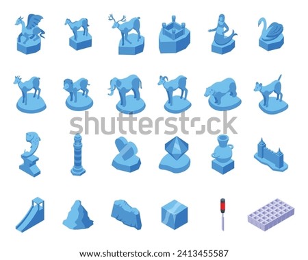 Ice sculpture icons set isometric vector. Animals mermaid. Medieval castle statue