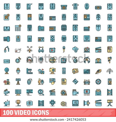 100 video icons set. Color line set of video vector icons thin line color flat on white