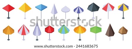 Outdoor cafe umbrella icons set isometric vector. Restaurant design. Food catering