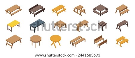 Wooden table picnic icons set isometric vector. Empty garden park. Furniture creation