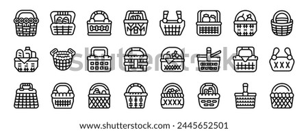 Wicker basket icons set outline vector. Picnic food. Snack outdoor lunch