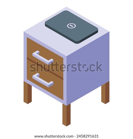 Laptop on bedroom drawer icon isometric vector. House furniture. Modern design