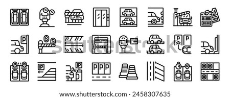 Underground parking lot icons set outline vector. Urban garage. City house