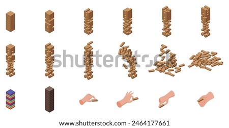 Wood stack balances game vector. A stack of wooden blocks with a hand reaching up to the top. The blocks are of different sizes and are piled on top of each other