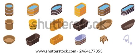 Wooden baths vector. A collection of bath tubs and buckets in various shapes and sizes. Concept of variety and abundance, with each tub and bucket offering a unique design and purpose