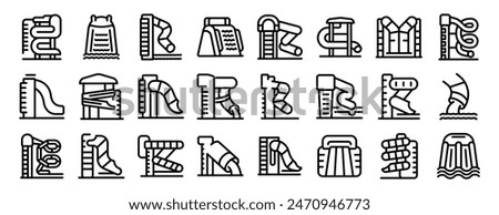 Water slide icons outline set vector. A series of black and white images of slides and other water play equipment. The images are arranged in a grid, with each slide labeled with a letter