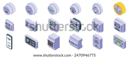 Household meters icons isometric set vector. A collection of electronic devices including a cell phone, a clock, and a digital scale. The devices are all white and arranged in a grid