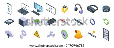 Update app software icons isometric set vector. A collection of technology icons including a laptop, tablet, smart watch, and a virtual reality headset