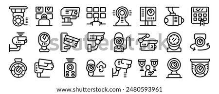 Video surveillance system icons set. Security camera icon set with various types of cameras, monitoring systems, and security features for enhanced safety and surveillance