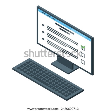 Isometric illustration of a desktop computer displaying an online checklist with a checkmark