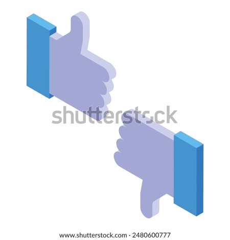 Pair of 3d isometric thumbs up and thumbs down icons in blue color