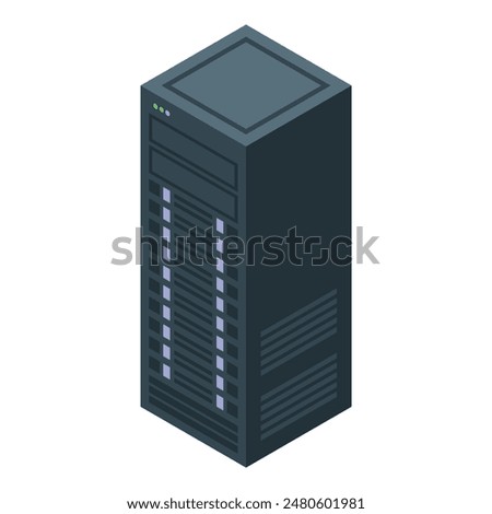 Detailed isometric illustration of a modern server rack in a data center with various computer hardware, network storage, and equipment