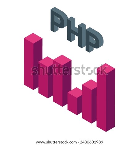 Isometric 3d illustration of a rising bar graph with the php logo, representing growth in php usage