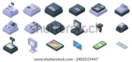 cashier machine icons set. Variety of cash registers are displayed, showcasing the evolution and diversity of point of sale systems